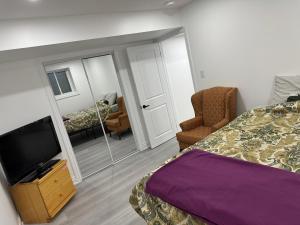 a bedroom with a bed and a tv and a chair at New Furnished Basement Apartment Milton For Single, Couple or Small Family in Milton
