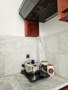a pot on top of a stove in a kitchen at Villa Aggeliki in Marathokampos
