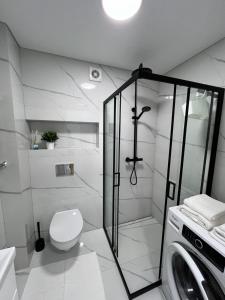 a white bathroom with a shower and a toilet at Modern&bright southwest apartment in Šiauliai +12 photos