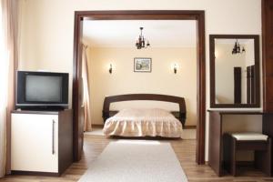 ブシュテニにあるPension Casa Ali & Anduのベッドルーム(ベッド1台、テレビ、鏡付)