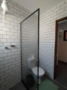 a bathroom with a toilet and a mirror at Casa Papa-Vento Pousada in Lençóis