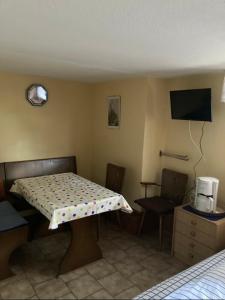 a room with a table and two chairs and a tv at Haus Schuster in Bad Salzschlirf