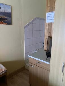 a small kitchen with a counter and a sink at Haus Schuster in Bad Salzschlirf