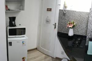 a small kitchen with a refrigerator and a microwave at Apartamento Studio no centro de São Lourenço in São Lourenço