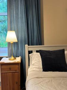 a bed with a lamp on a nightstand next to a window at Loch Lomond 2 Bedroom Apartment in Tarbet