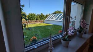 a window with a view of a yard at Ferienwohnung Sonja in Westerende