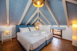 a bedroom with a large bed with a blue ceiling at Villa Ftenagia in Halki
