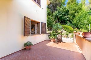 ヴォルテッラにあるPool, 5 Mins to Volterra Center, 4 Sleepsの鉢植えの植物が植えられたパティオ、窓