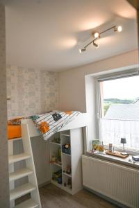 a bunk bed in a room with a window at Fewo Pöhlbergblick Wolkenstein in Wolkenstein +37 photos