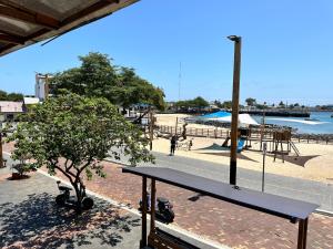 a view of a beach with a table and a tree at Plaza Lobos Suites in San Cristóbal