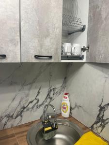 a kitchen sink with a bottle of dish detergent next to it at 1-ная Квартира Орбита in Rakhat