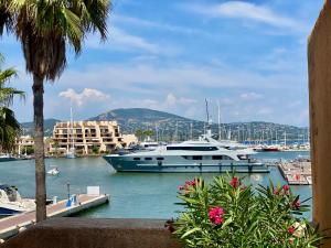 jacht zacumowany w przystani z palmą w obiekcie MarinesAppartement, Le quai Tropézien marina w Saint-Tropez