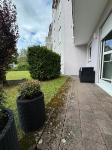 a house with two pots of flowers on the sidewalk at Moderne Ferienwohnung in Sigmaringen in Sigmaringen