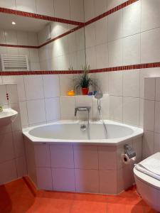 a bath tub in a bathroom with a toilet at Mal-Düne in Binz +19 photos