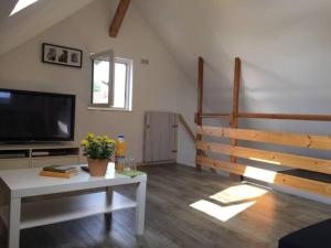 a living room with a tv and a coffee table at Modernes 65qm Dachstudio im alten Bauernhaus - perfekt für Wandern Bikes Feiern in Erkenbrechtsweiler