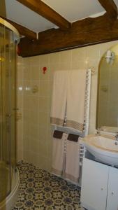 a bathroom with a shower and a sink and towels at Chambres d'hôtes - Domaine Beau Sejour in Biaudos +11 photos
