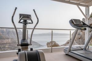 a gym with two treadmill machines and a view of the ocean at Apeiron Blue Santorini by Apeiron Hotels in Fira