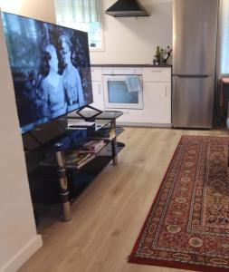 Una sala de estar con un televisor de pantalla plana grande. en Kjellerleilighet i Fana til leie-med gratis parkering og mange kollektiv reisemuligheter, en Bergen