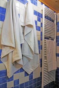 a bunch of towels hanging on a wall in a bathroom at Caravane Vintage insolite avec jacuzzi au calme in Sauvessanges