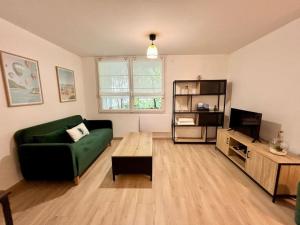 a living room with a green couch and a table at Appartement Indépendant, tout confort avec terrasse in Valence