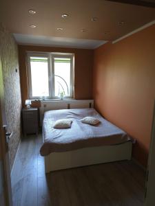 ein Schlafzimmer mit einem Bett mit zwei Handtüchern darauf in der Unterkunft BLUE APARTMENT in Polanica-Zdrój + 7 Fotos