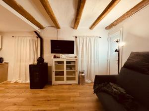 a living room with a couch and a television at Can Pedra Seca in Camprodon