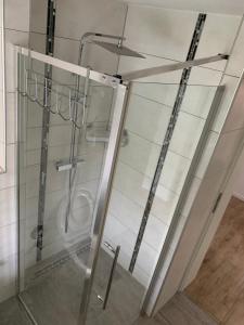 a glass shower door in a bathroom with a toilet at Klimatisierte Ferienwohnung in Balingen +17 photos
