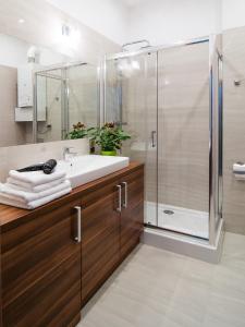 La salle de bains est pourvue d'un lavabo et d'une douche. dans l'établissement Apartamenty Bonerowska 5, à Cracovie
