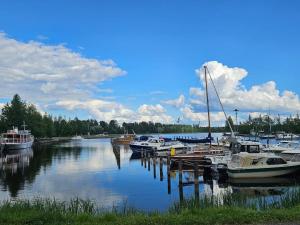 a group of boats docked at a dock on a river at City Apartment Aarneenkallio & free parking in Kuopio +15 photos