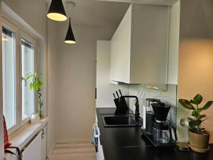 a kitchen with a sink and a black counter top at City Apartment Aarneenkallio & free parking in Kuopio