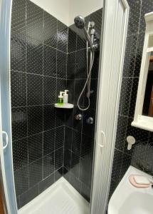 a bathroom with a shower with a black tile wall at Apartment Scalea La Petrosa TikiTakiApartments in Scalea