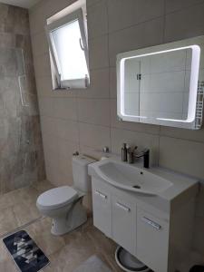a bathroom with a toilet and a sink and a mirror at Apartman Una na dlanu, Novi Grad in Bosanski Novi +26 photos