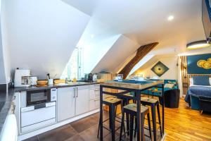 a kitchen and living room in a loft with a bed at La Tanière du Roi - Versailles - à 10 min du Château et de la gare in Versailles