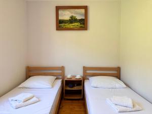 two twin beds in a room with a picture on the wall at Під Боржавою in Volovets +21 photos