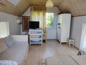 a bedroom with a desk with a computer and a bed at Garden House in Ciorogârla