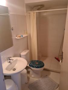 een badkamer met toilet, wastafel en douche bij Lefteris in Polichnítos