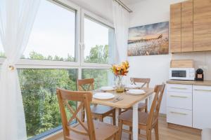 Kuchyň nebo kuchyňský kout v ubytování Beżowy Apartament Przy Parku w Katowicach z Widokiem na Staw i Biurkiem by Noclegi Renters