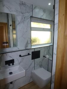 a bathroom with a sink and a toilet and a window at Briardene Cottage - Devon countryside - sleeps 6 in Exeter +39 photos