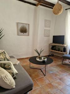 ein Wohnzimmer mit Sofa und Tisch in der Unterkunft Charmante Maison de Ville in Arles