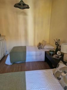 ein Schlafzimmer mit 2 Betten und einer Lampe an der Wand in der Unterkunft Charmante Maison de Ville in Arles