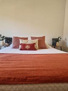 ein Schlafzimmer mit einem großen Bett mit roter Bettwäsche und Kissen in der Unterkunft Charmante Maison de Ville in Arles