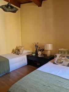 ein Schlafzimmer mit zwei Betten und einem Tisch mit Lampe in der Unterkunft Charmante Maison de Ville in Arles