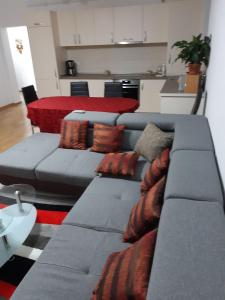 een woonkamer met een bank en een tafel bij VDK Apartament Swiss Village in Sibiu