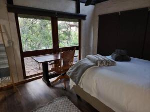 a bedroom with a bed and a desk and a window at Boomhuis, Mabalingwe Nature Reserve in Bela-Bela +30 photos