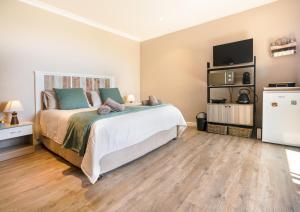 a bedroom with a large bed and a tv at Coney Glen Cottage in Knysna