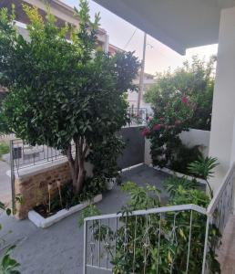 a garden with a tree and some plants at Stone Apartment Close to the Airport in Spáta