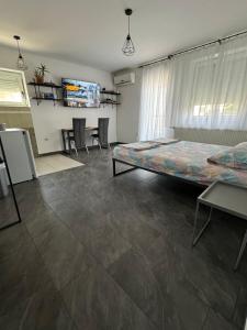 a bedroom with a bed and a table and chairs at Bellas apartmani in Novi Sad