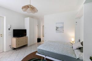 デセンツァーノ・デル・ガルダにあるIl Sire - Casa Vacanzaのベッドと薄型テレビのある寝室