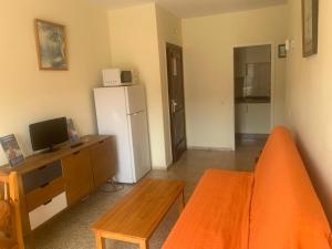 - un salon avec un canapé orange et un réfrigérateur dans l'établissement Apartamentos Costamar, à Los Cristianos