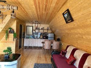 a living room of a log cabin with a couch and a table at Sunny Cottage in Martvili